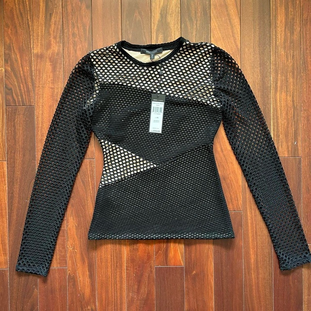 BCBG Black Mesh Long Sleeve Top